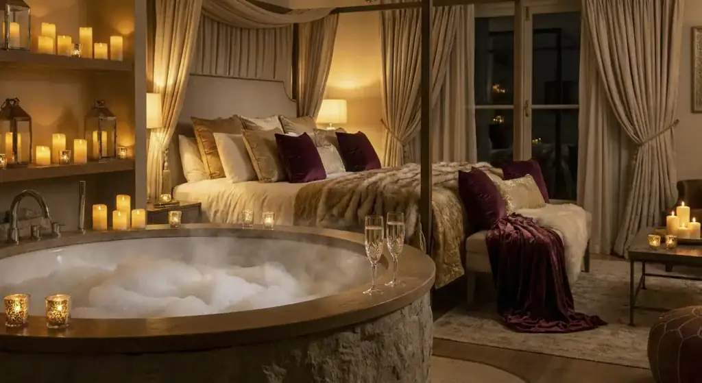 Chambre d'hôtel romantique de luxe avec jacuzzi privatif et ambiance tamisée pour couple.