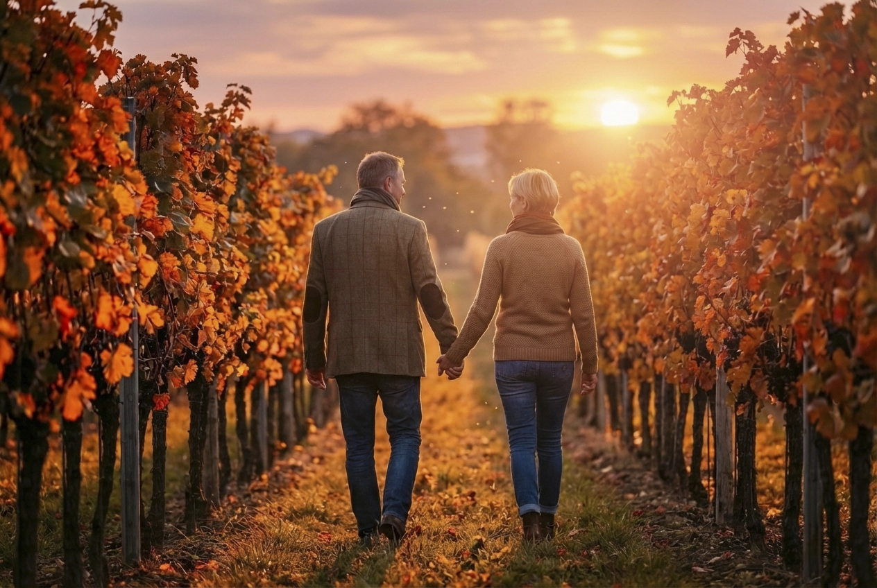 Promenade à deux au cœur d’un vignoble belge, atmosphère douce et romantique