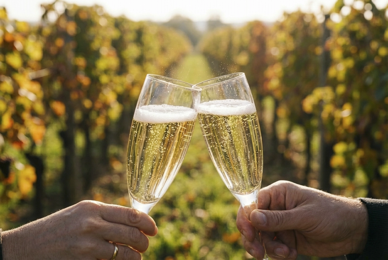 Flûtes de vin qui trinquent dans un vignoble belge, moment de dégustation à deux
