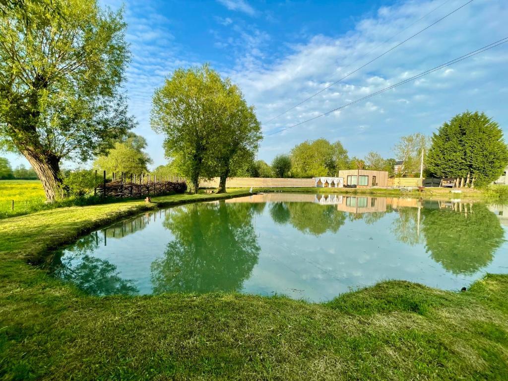 Vue apaisante sur l'étang depuis le jardin du chalet Cœur Nature