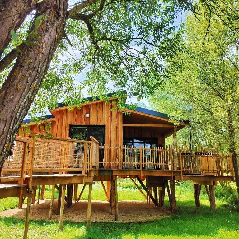 Extérieur de la Cabane d'Ode, logement insolite en bois au bord de l'eau en Ardenne