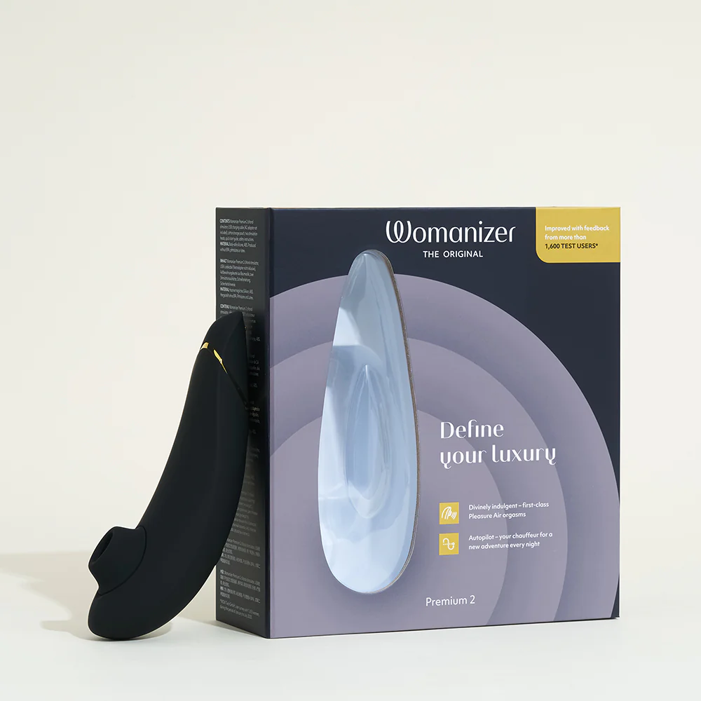 Le Womanizer Premium 2, stimulateur clitoridien de luxe au design élégant et discret.