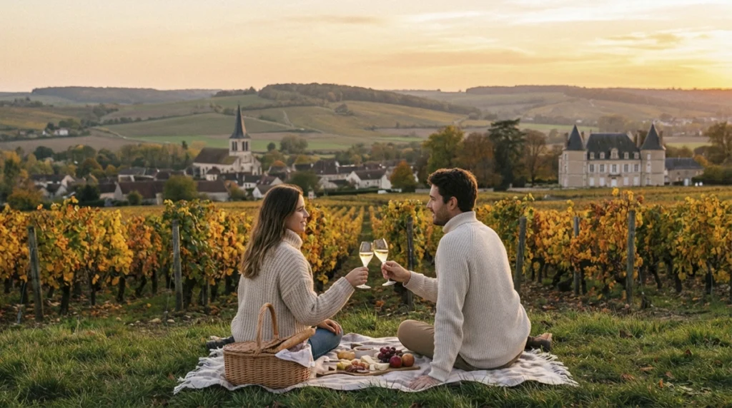 Couple partageant une dégustation de champagne lors d’un week-end romantique au cœur des vignobles