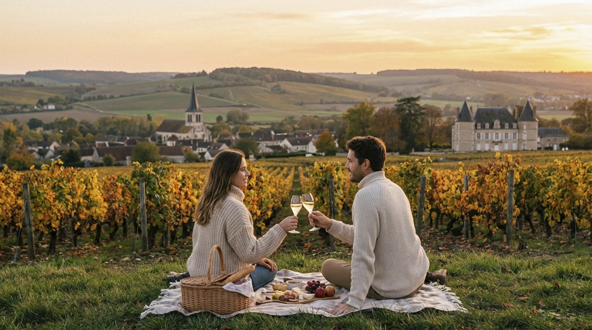Couple partageant une dégustation de champagne lors d’un week-end romantique au cœur des vignobles