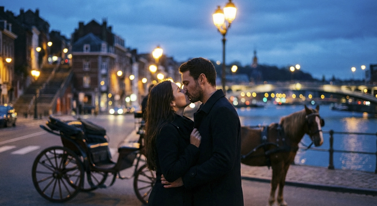 Couple s’embrassant lors d’une balade romantique à Liège au bord de la Meuse, ambiance soirée en amoureux