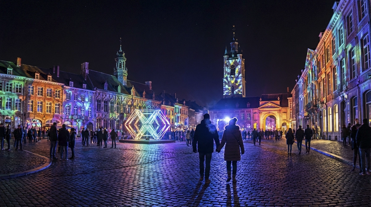 Couple se promenant lors du Festival des Lumières de Mons, installations lumineuses dans le centre historique en soirée