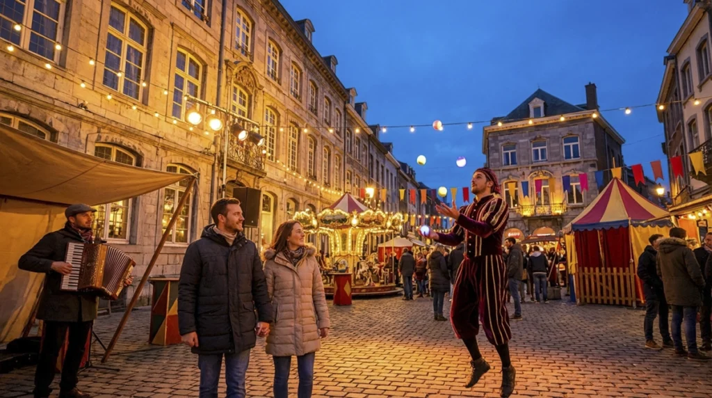 Ambiance du festival Namur en Mai en soirée, arts forains et couple se promenant dans le centre historique