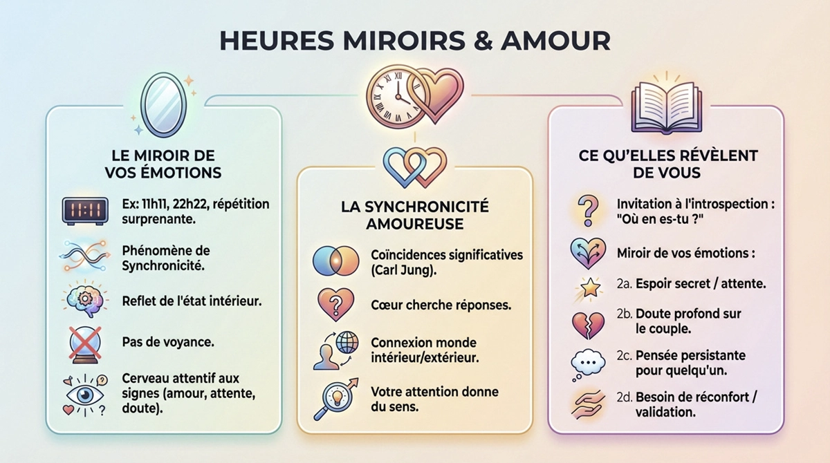 Infographie expliquant la signification des heures miroirs en amour comme reflet des émotions et de la synchronicité