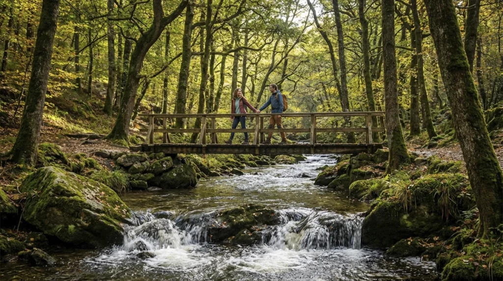 Couple se tenant la main sur un pont en bois lors de la promenade de la Hoëgne, randonnée romantique au cœur de la forêt