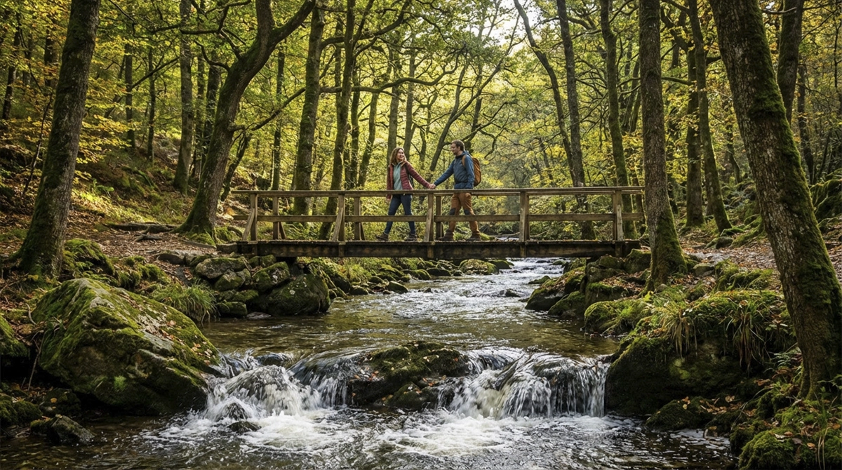 Couple se tenant la main sur un pont en bois lors de la promenade de la Hoëgne, randonnée romantique au cœur de la forêt