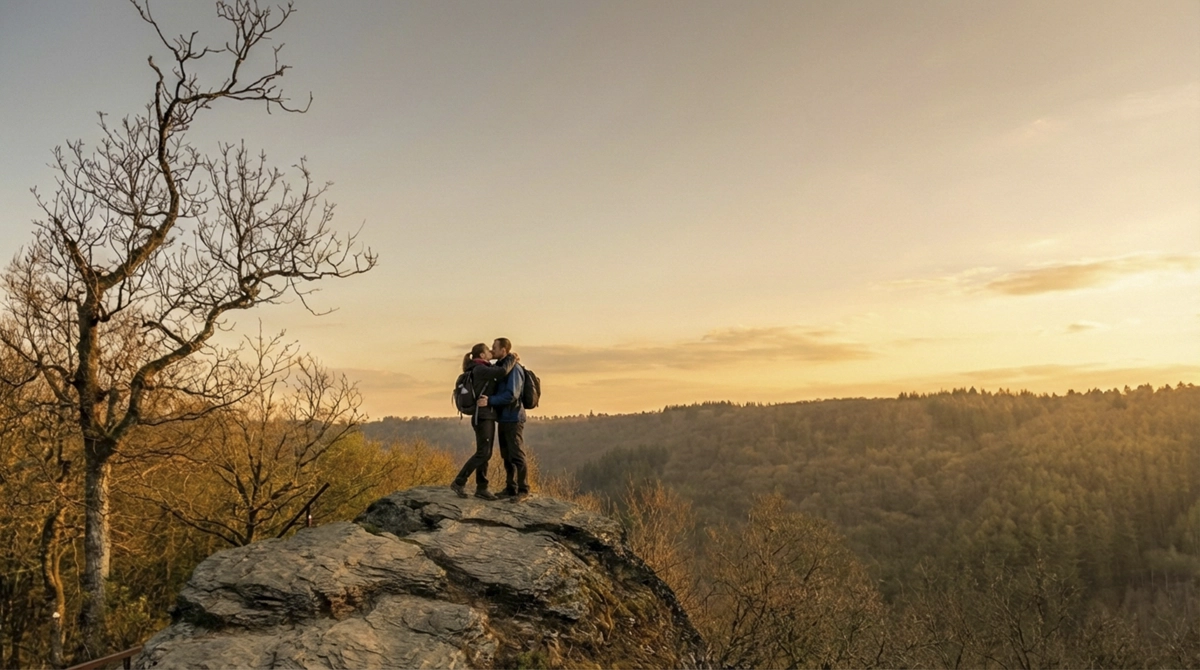 Couple au sommet d’un rocher à Rochehaut, face à la vallée de la Semois, au coucher du soleil