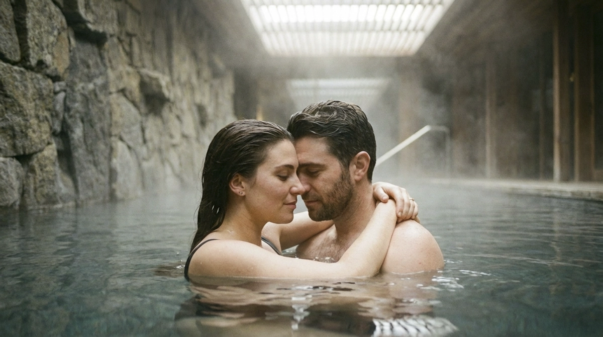 Couple profitant d’un moment de détente dans un bassin thermal, illustration d’une expérience bien-être aux thermes de Chaudfontaine